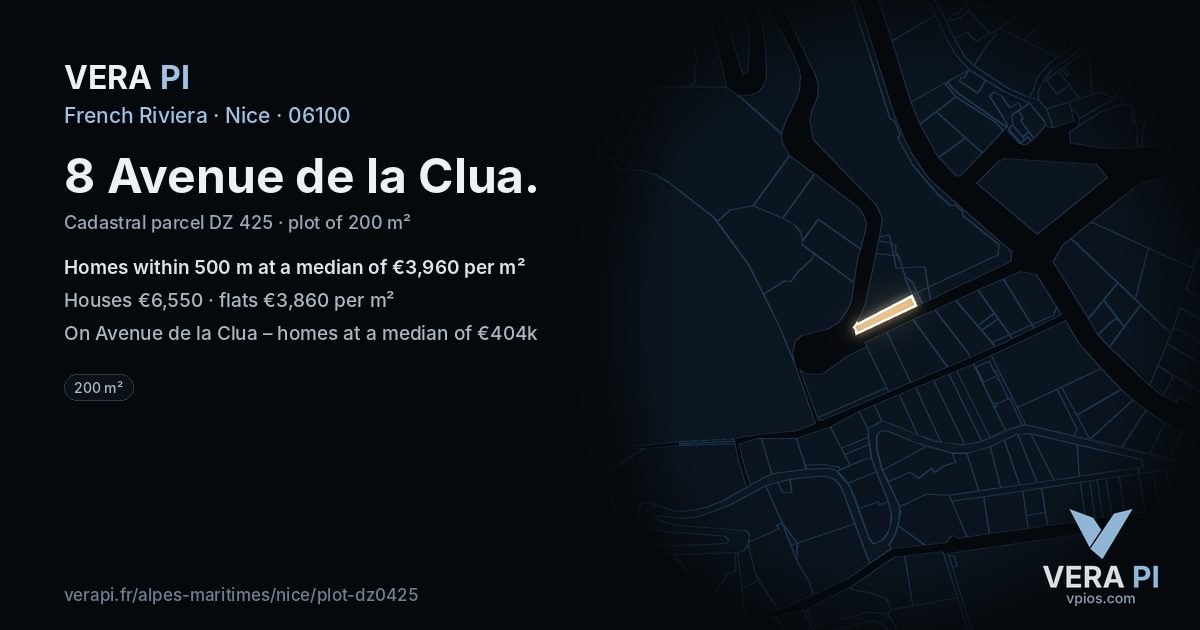 8 Avenue de la Clua, Nice at night – the plot lit, the parcels around coloured by the prices near them