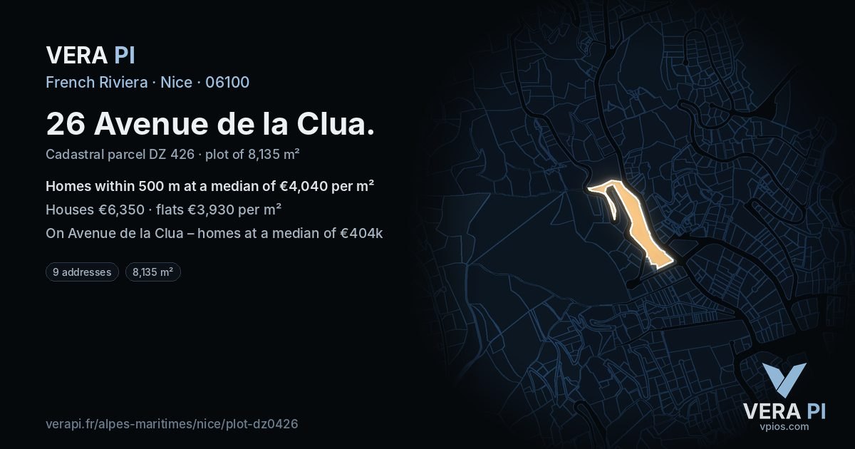 26 Avenue de la Clua, Nice at night – the plot lit, the parcels around coloured by the prices near them