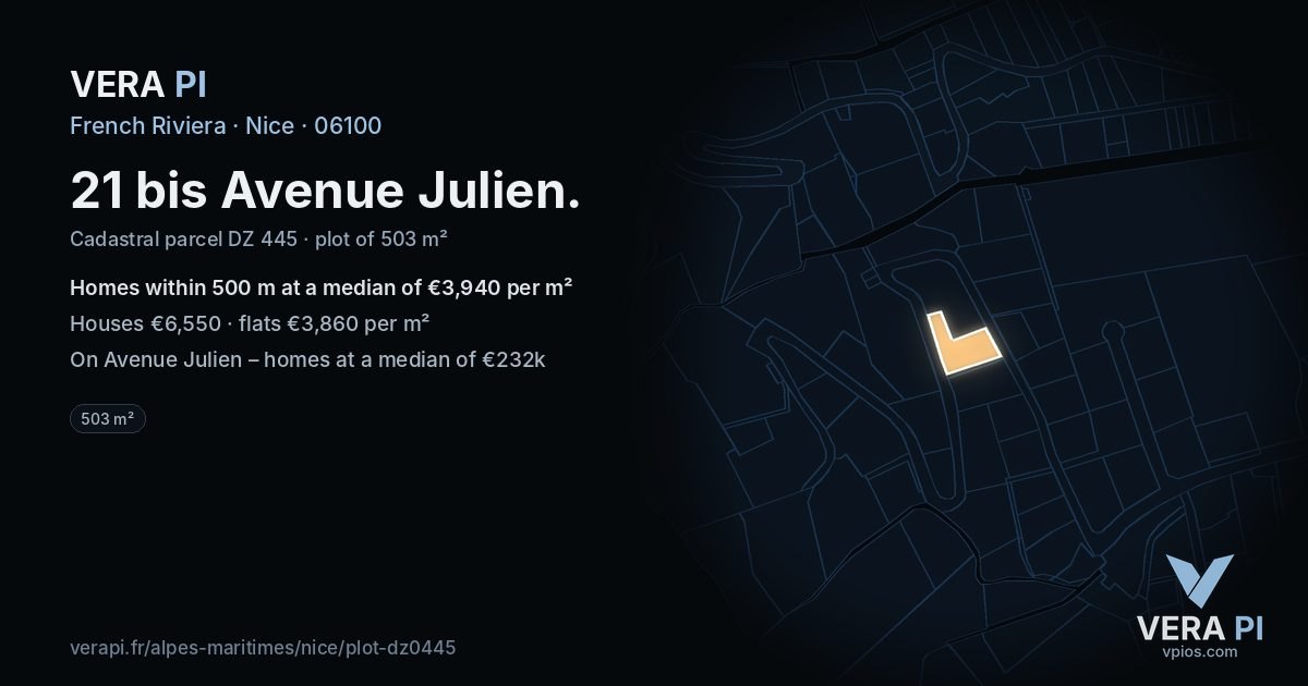 21 bis Avenue Julien, Nice at night – the plot lit, the parcels around coloured by the prices near them