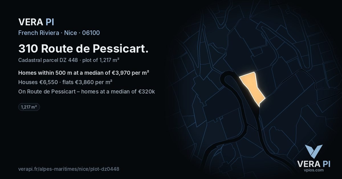 310 Route de Pessicart, Nice at night – the plot lit, the parcels around coloured by the prices near them