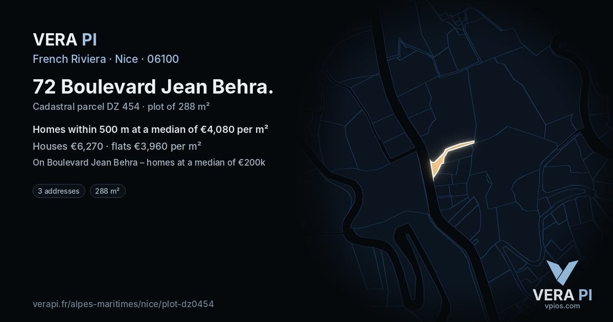 72 Boulevard Jean Behra, Nice at night – the plot lit, the parcels around coloured by the prices near them
