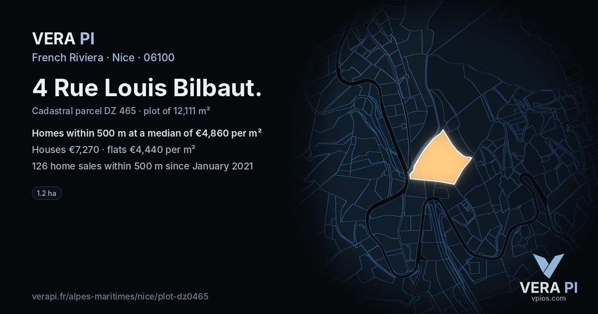 4 Rue Louis Bilbaut, Nice at night – the plot lit, the parcels around coloured by the prices near them