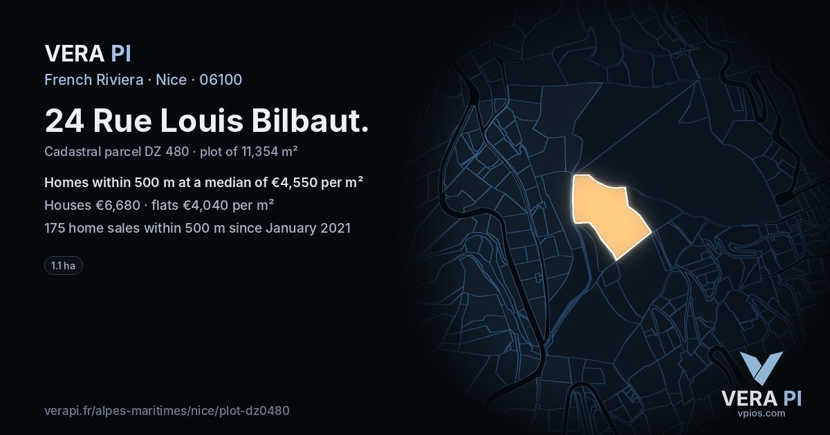 24 Rue Louis Bilbaut, Nice at night – the plot lit, the parcels around coloured by the prices near them