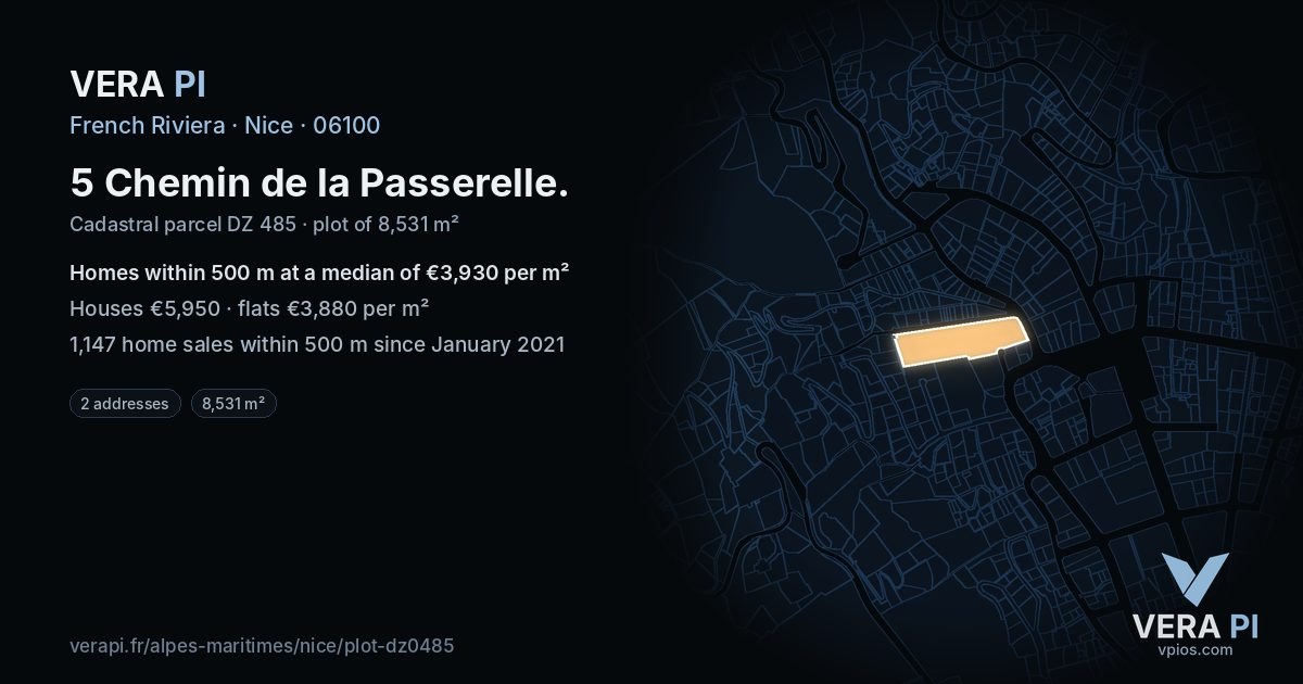 5 Chemin de la Passerelle, Nice at night – the plot lit, the parcels around coloured by the prices near them