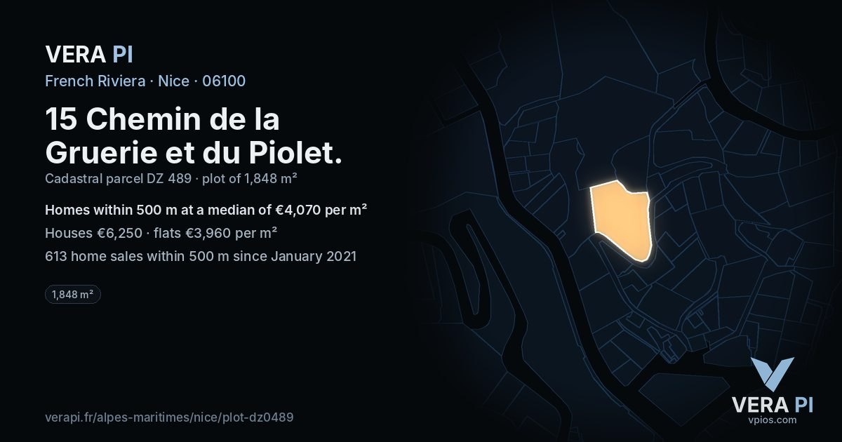 15 Chemin de la Gruerie et du Piolet, Nice at night – the plot lit, the parcels around coloured by the prices near them