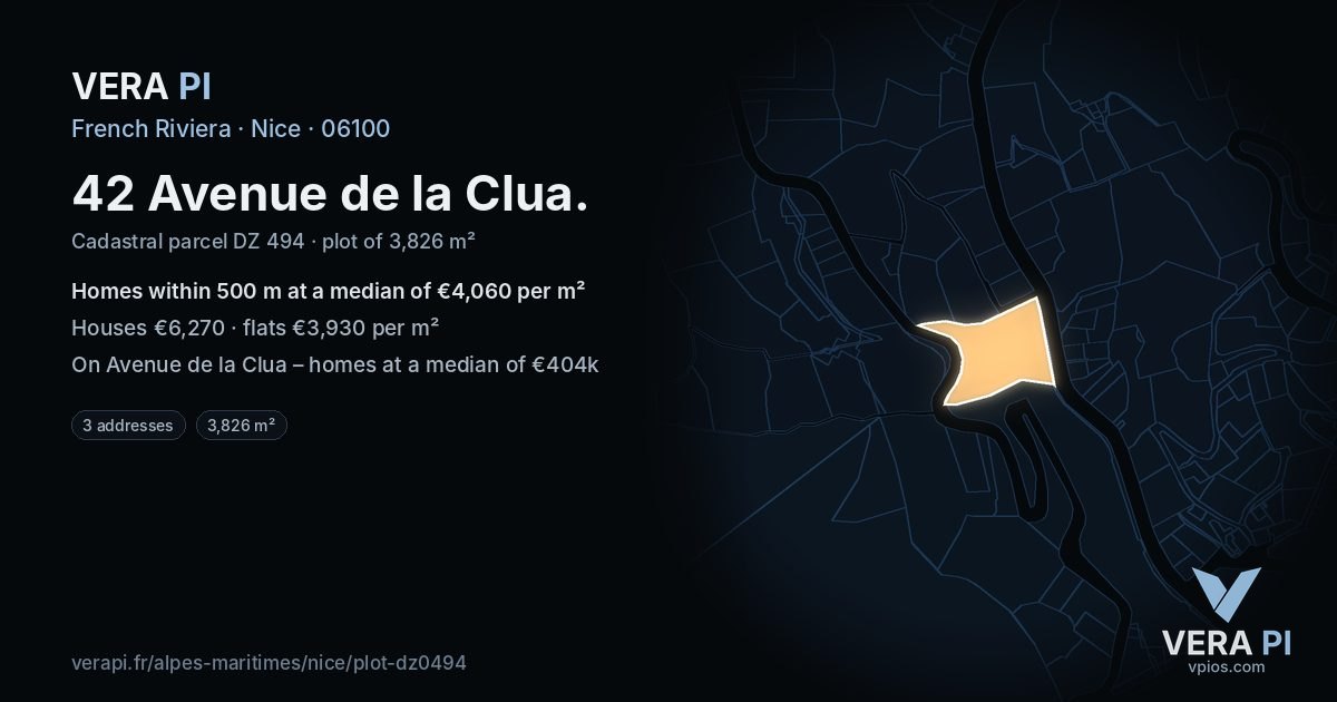 42 Avenue de la Clua, Nice at night – the plot lit, the parcels around coloured by the prices near them