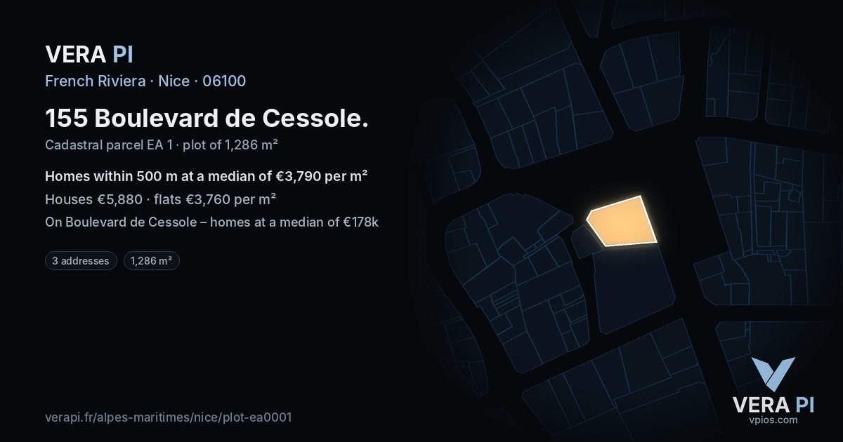 155 Boulevard de Cessole, Nice at night – the plot lit, the parcels around coloured by the prices near them