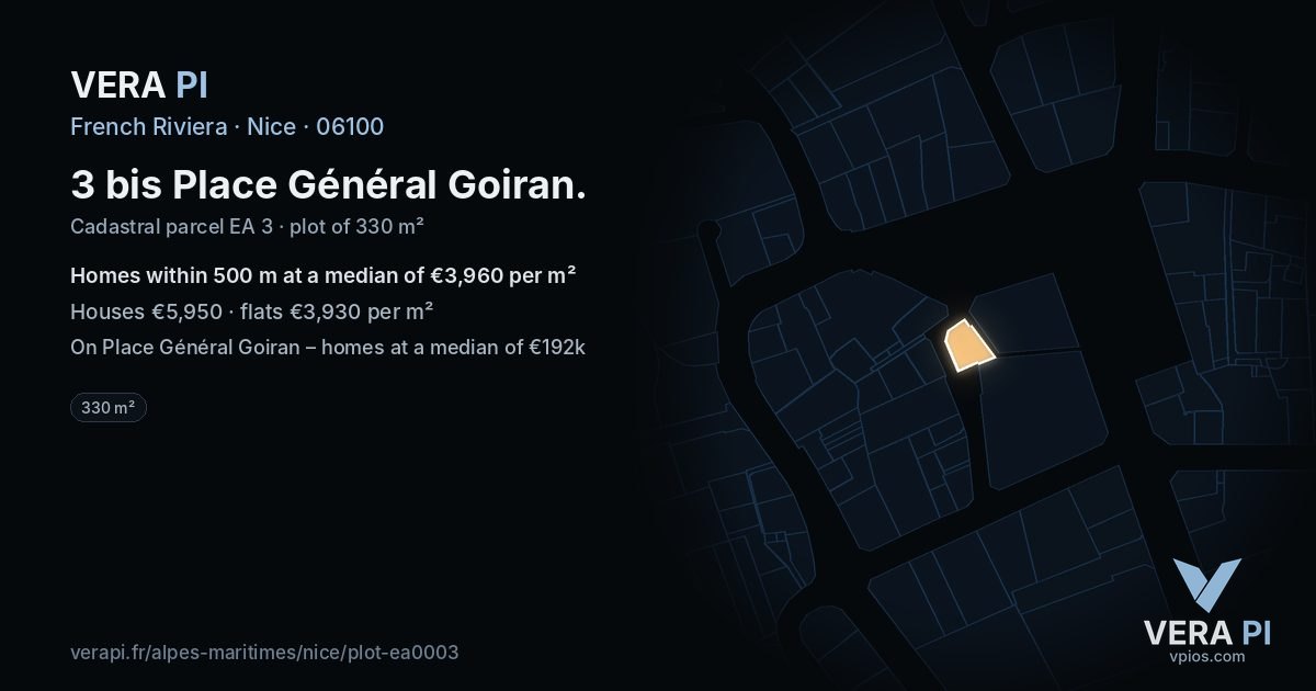 3 bis Place Général Goiran, Nice at night – the plot lit, the parcels around coloured by the prices near them
