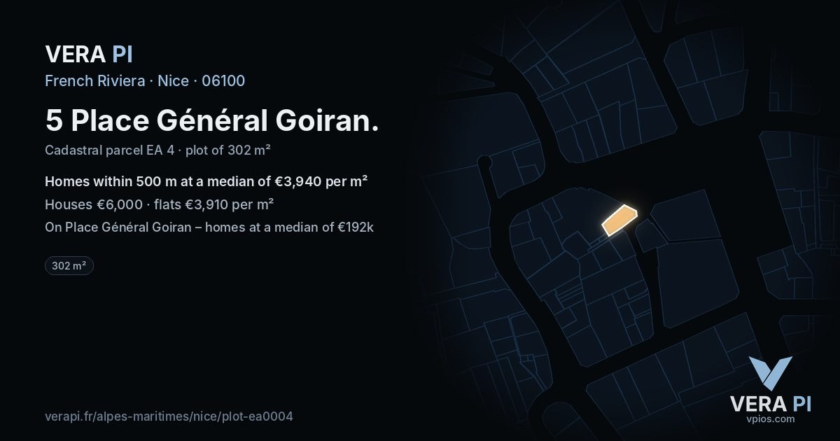 5 Place Général Goiran, Nice at night – the plot lit, the parcels around coloured by the prices near them
