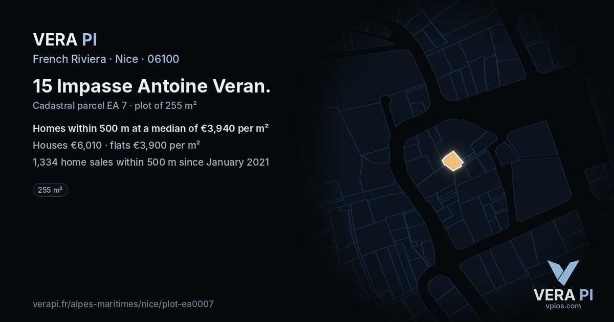 15 Impasse Antoine Veran, Nice at night – the plot lit, the parcels around coloured by the prices near them