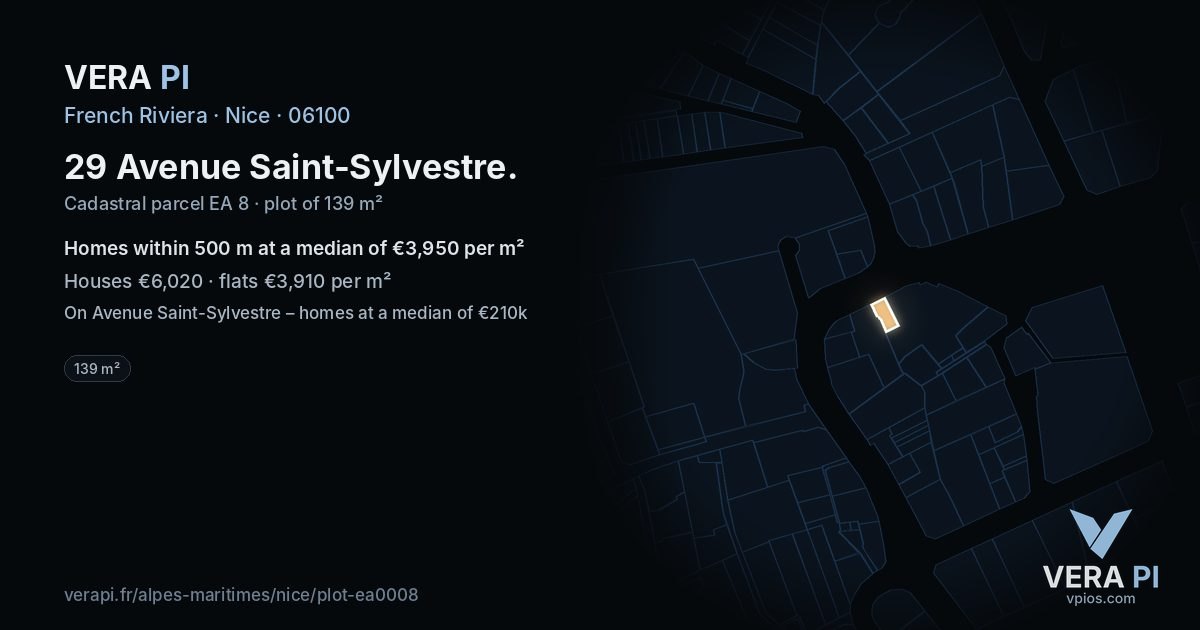 29 Avenue Saint-Sylvestre, Nice at night – the plot lit, the parcels around coloured by the prices near them