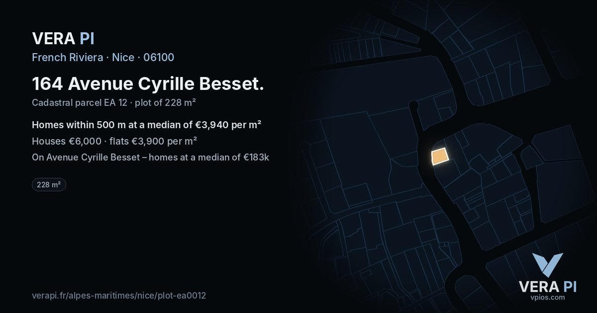 164 Avenue Cyrille Besset, Nice at night – the plot lit, the parcels around coloured by the prices near them