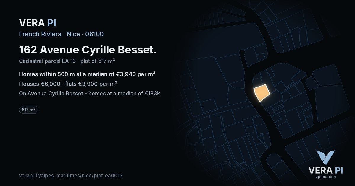 162 Avenue Cyrille Besset, Nice at night – the plot lit, the parcels around coloured by the prices near them