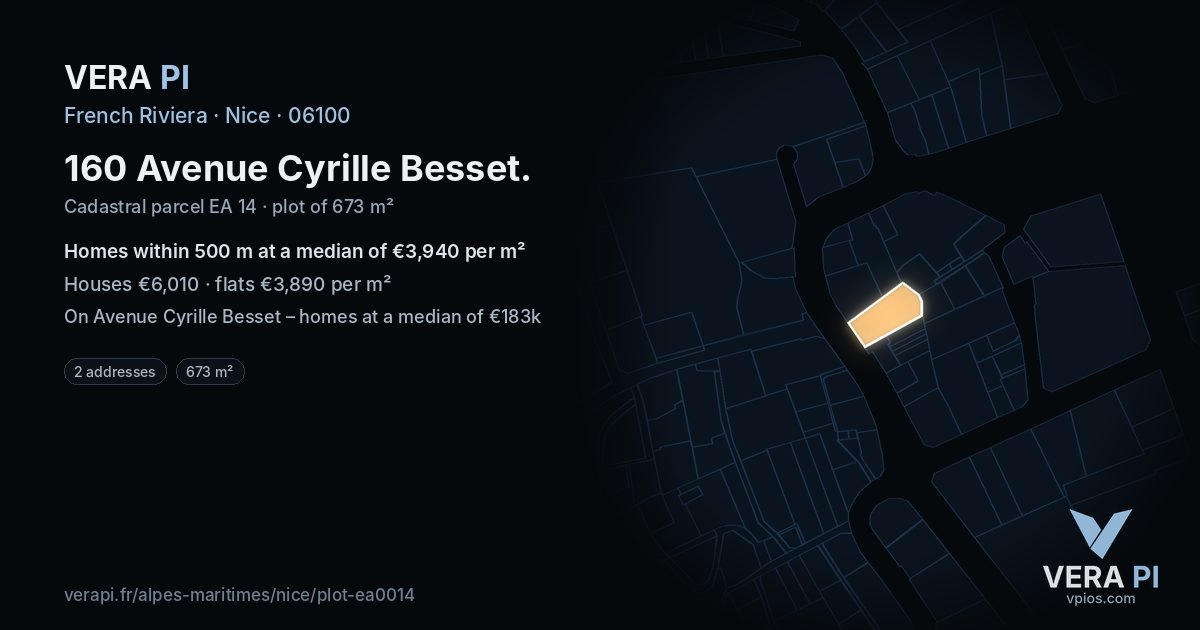 160 Avenue Cyrille Besset, Nice at night – the plot lit, the parcels around coloured by the prices near them