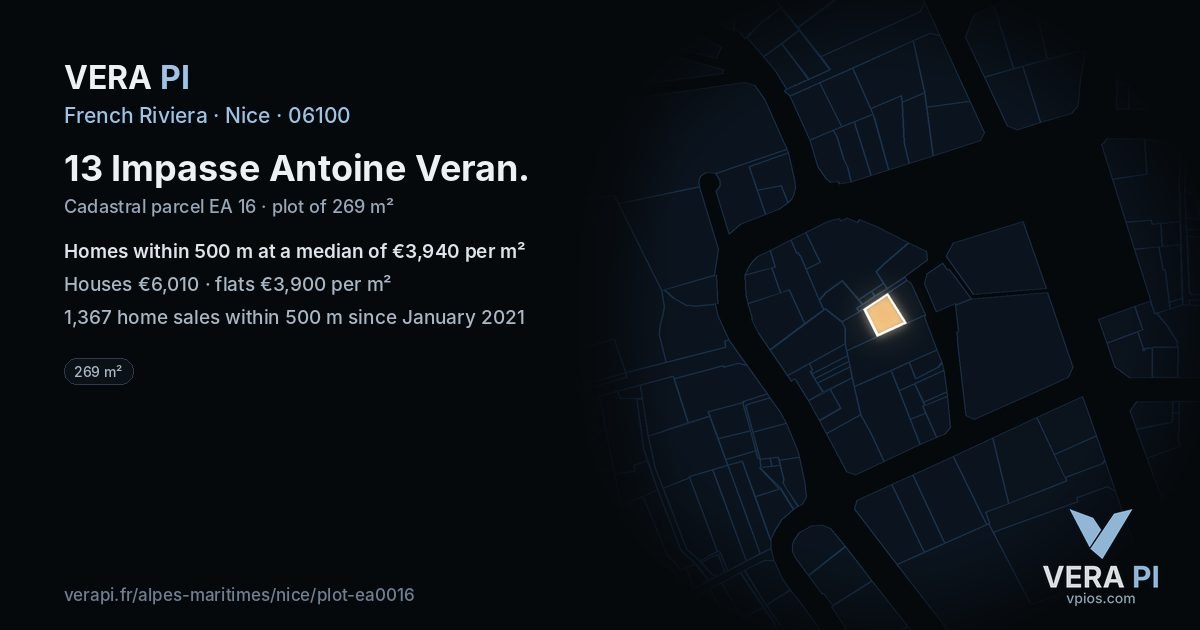 13 Impasse Antoine Veran, Nice at night – the plot lit, the parcels around coloured by the prices near them
