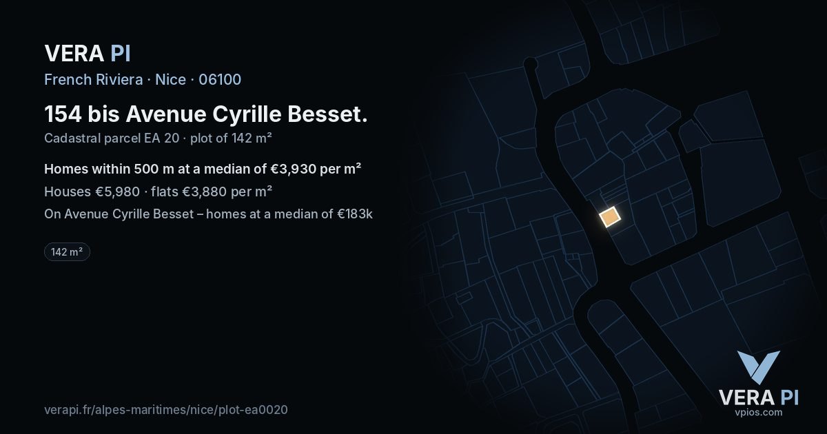 154 bis Avenue Cyrille Besset, Nice at night – the plot lit, the parcels around coloured by the prices near them