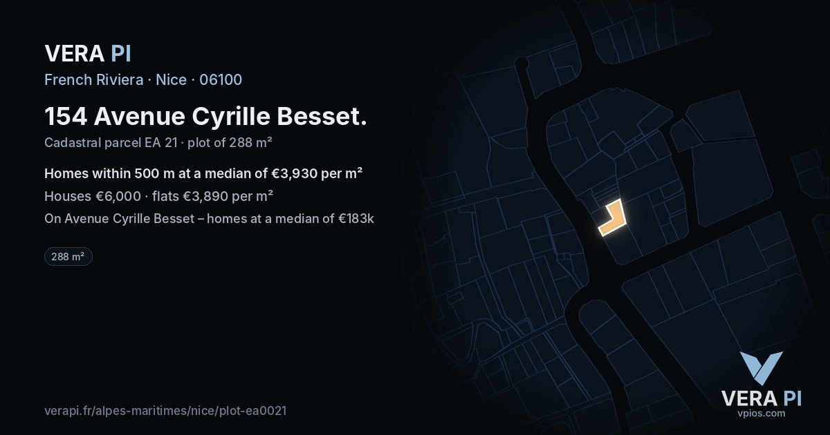 154 Avenue Cyrille Besset, Nice at night – the plot lit, the parcels around coloured by the prices near them