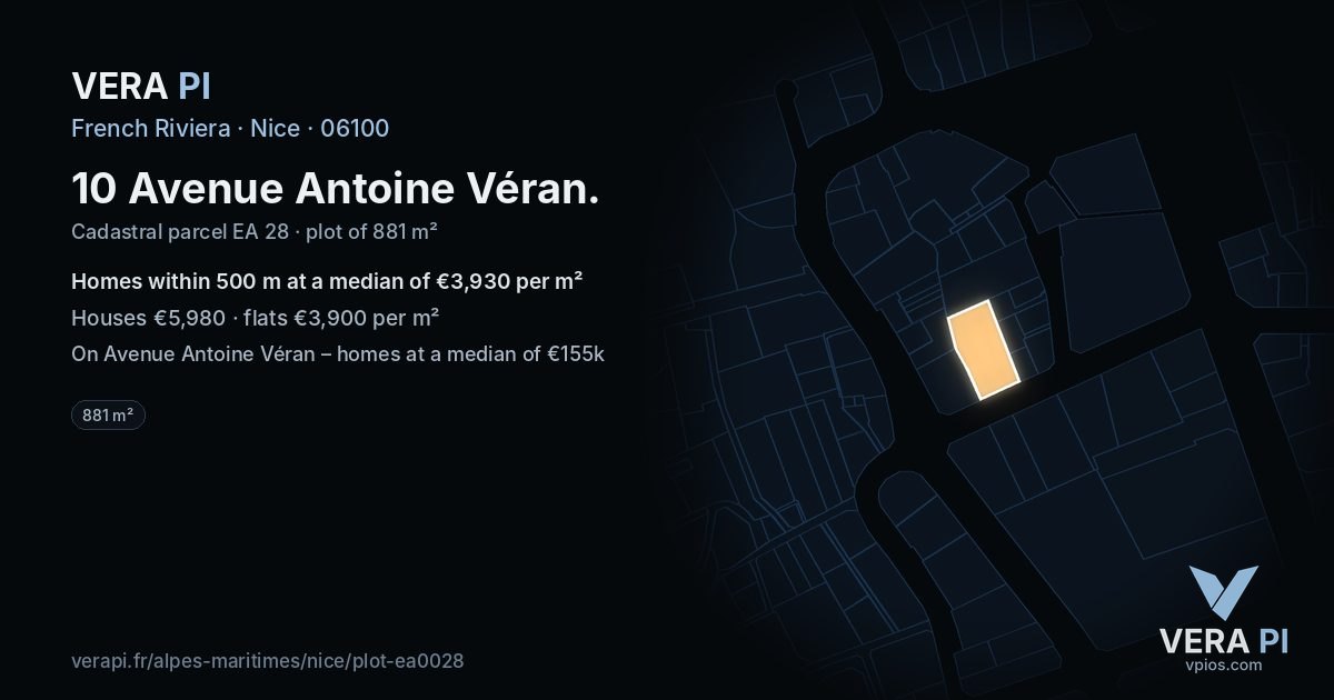 10 Avenue Antoine Véran, Nice at night – the plot lit, the parcels around coloured by the prices near them