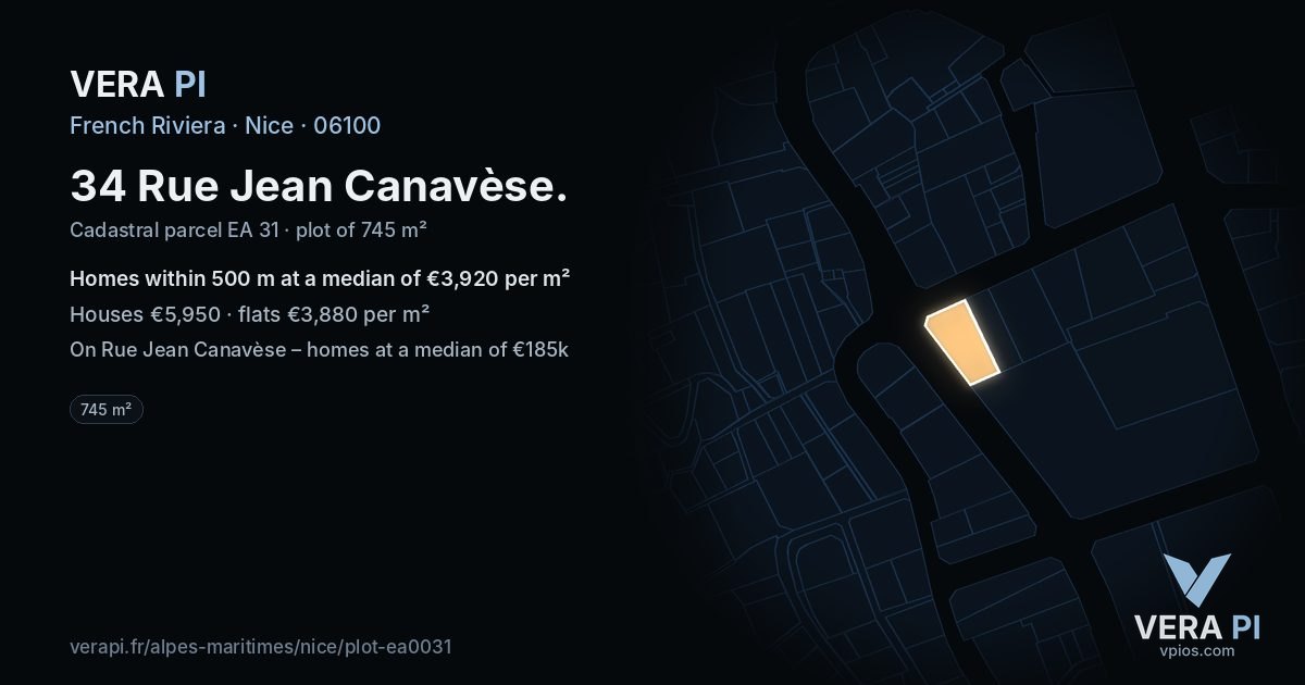 34 Rue Jean Canavèse, Nice at night – the plot lit, the parcels around coloured by the prices near them