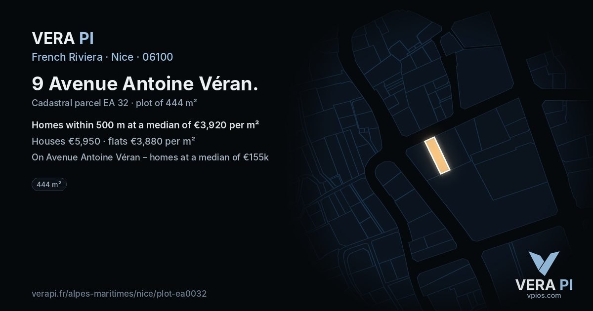 9 Avenue Antoine Véran, Nice at night – the plot lit, the parcels around coloured by the prices near them