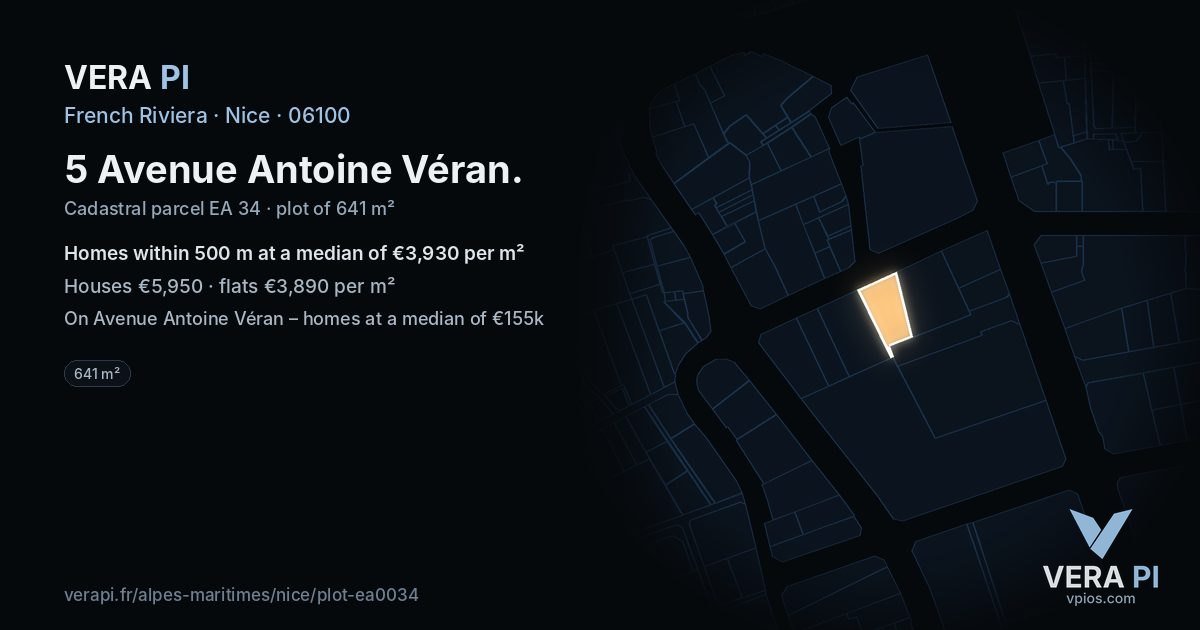 5 Avenue Antoine Véran, Nice at night – the plot lit, the parcels around coloured by the prices near them
