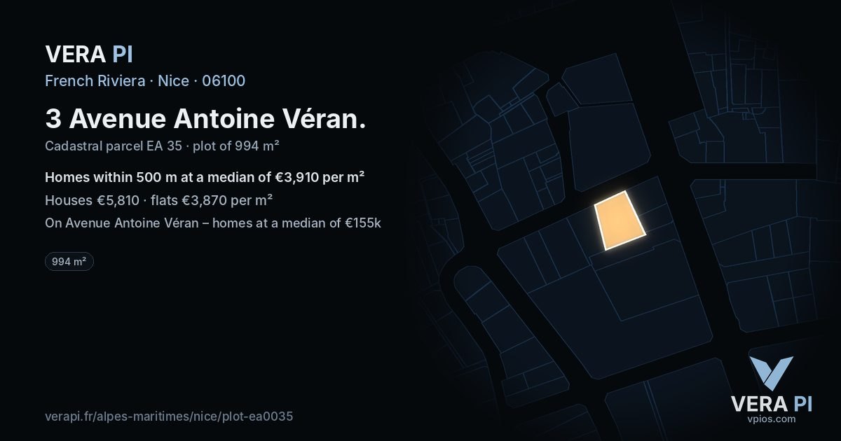 3 Avenue Antoine Véran, Nice at night – the plot lit, the parcels around coloured by the prices near them