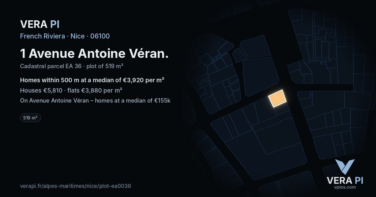1 Avenue Antoine Véran, Nice at night – the plot lit, the parcels around coloured by the prices near them