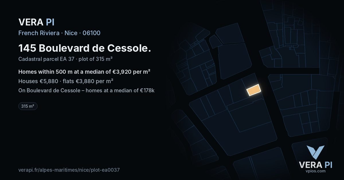 145 Boulevard de Cessole, Nice at night – the plot lit, the parcels around coloured by the prices near them