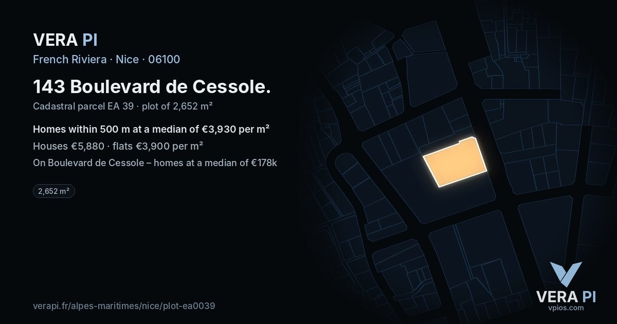 143 Boulevard de Cessole, Nice at night – the plot lit, the parcels around coloured by the prices near them
