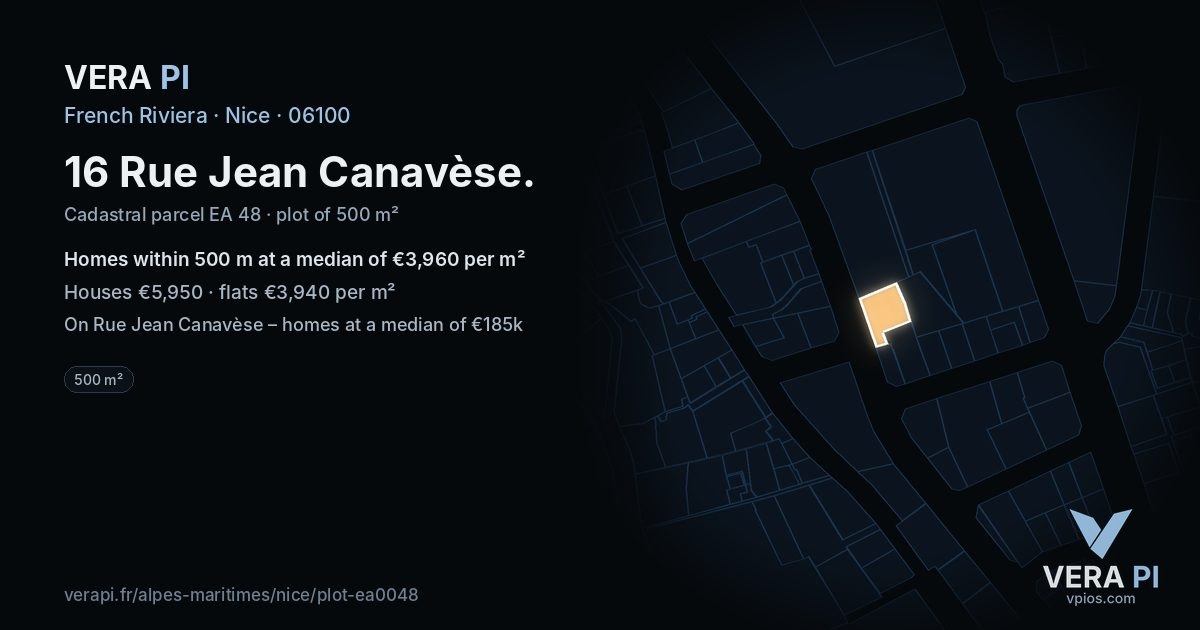 16 Rue Jean Canavèse, Nice at night – the plot lit, the parcels around coloured by the prices near them