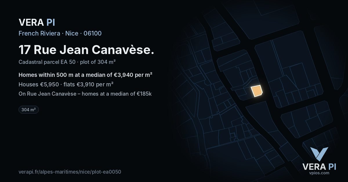 17 Rue Jean Canavèse, Nice at night – the plot lit, the parcels around coloured by the prices near them