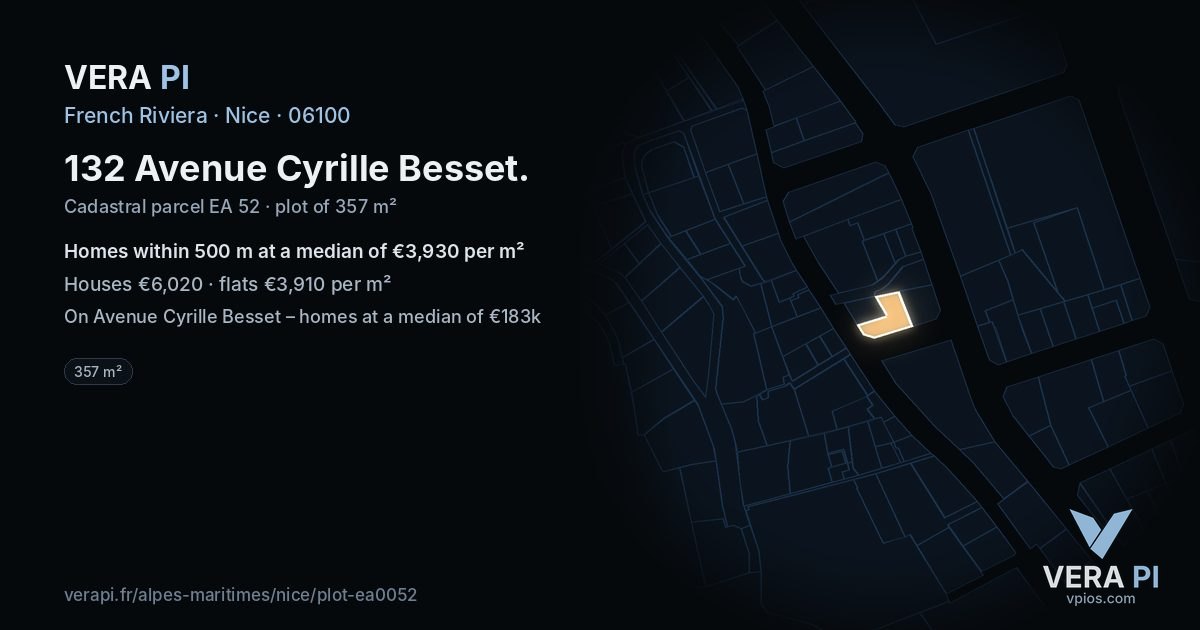 132 Avenue Cyrille Besset, Nice at night – the plot lit, the parcels around coloured by the prices near them