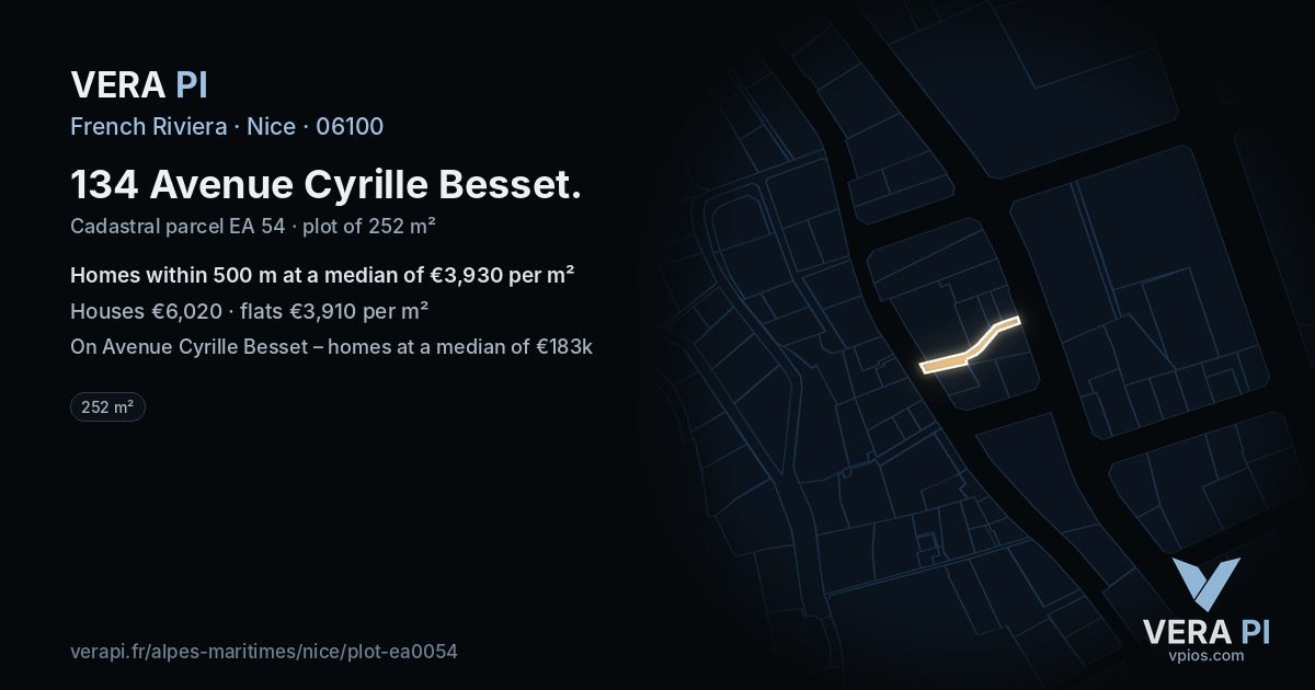 134 Avenue Cyrille Besset, Nice at night – the plot lit, the parcels around coloured by the prices near them