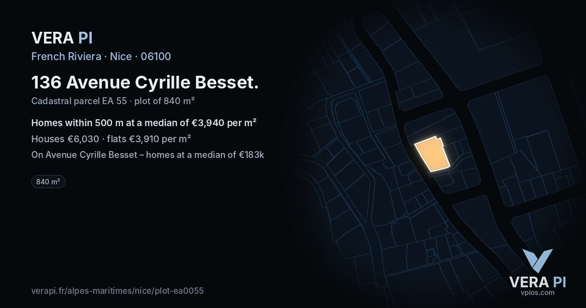 136 Avenue Cyrille Besset, Nice at night – the plot lit, the parcels around coloured by the prices near them