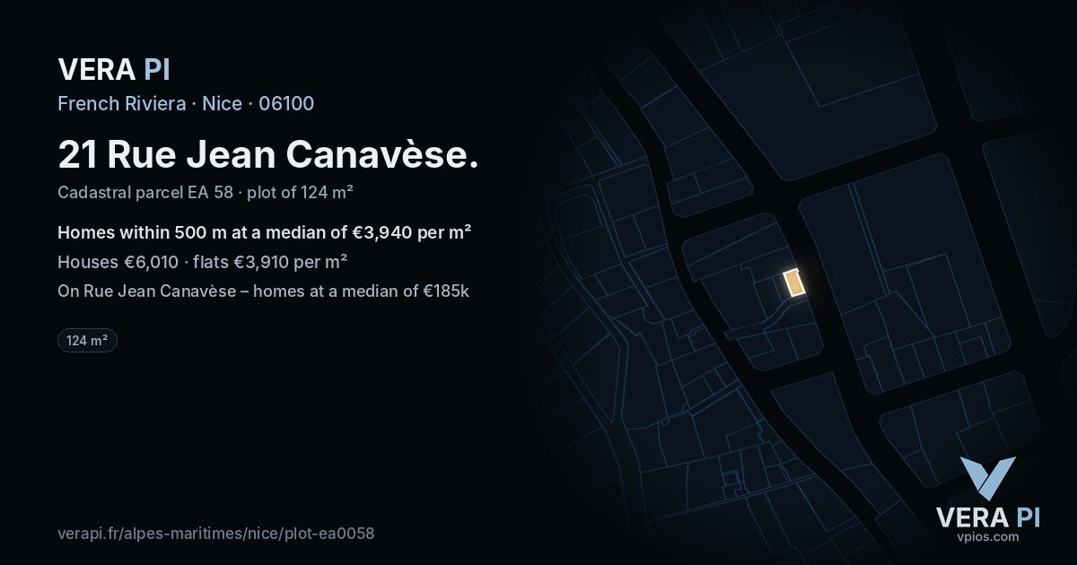 21 Rue Jean Canavèse, Nice at night – the plot lit, the parcels around coloured by the prices near them