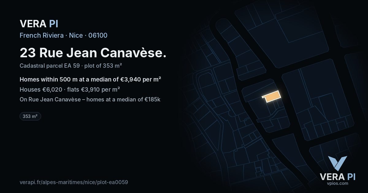 23 Rue Jean Canavèse, Nice at night – the plot lit, the parcels around coloured by the prices near them