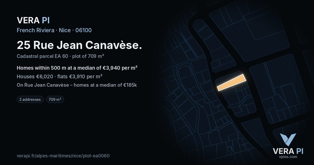 25 Rue Jean Canavèse, Nice at night – the plot lit, the parcels around coloured by the prices near them