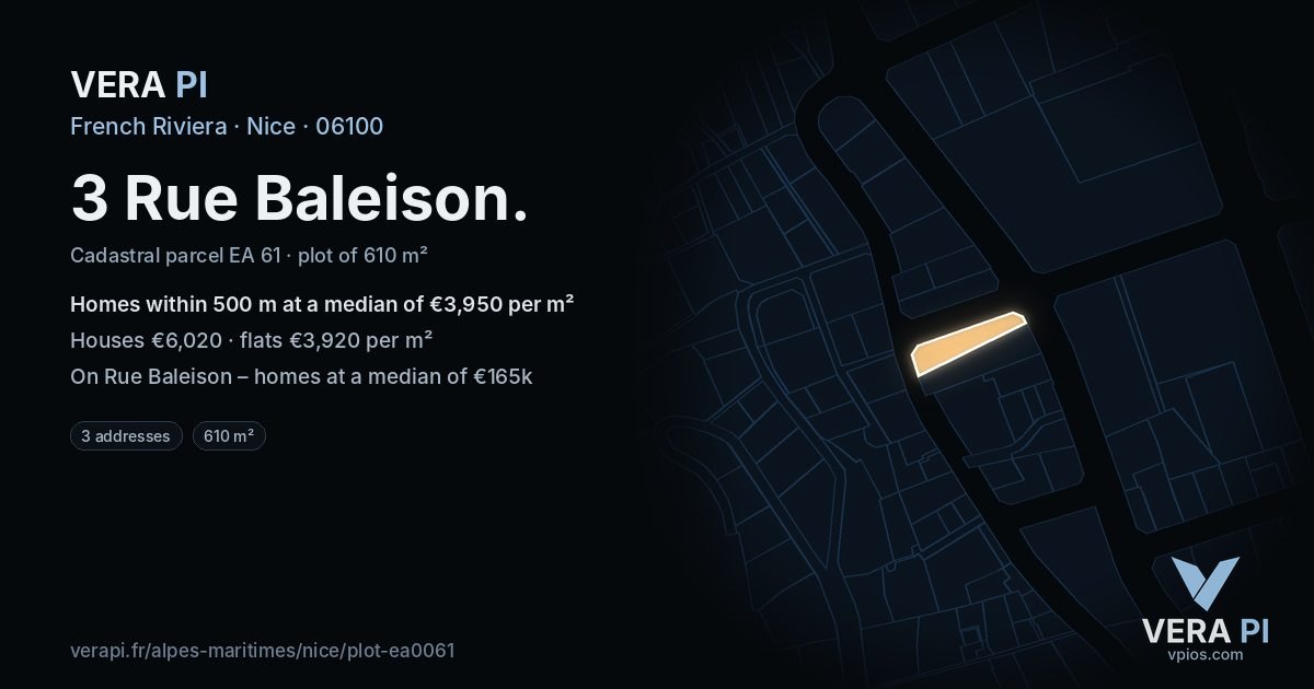 3 Rue Baleison, Nice at night – the plot lit, the parcels around coloured by the prices near them