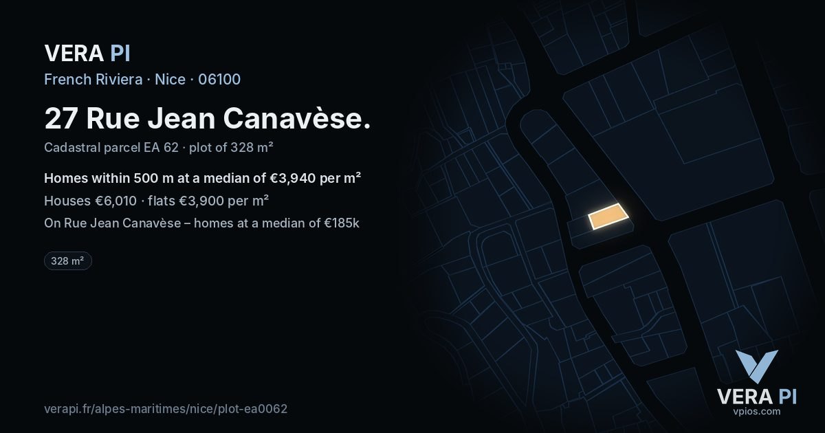 27 Rue Jean Canavèse, Nice at night – the plot lit, the parcels around coloured by the prices near them