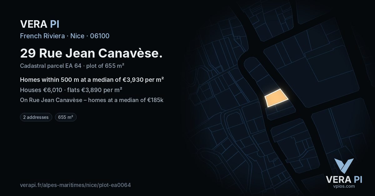 29 Rue Jean Canavèse, Nice at night – the plot lit, the parcels around coloured by the prices near them