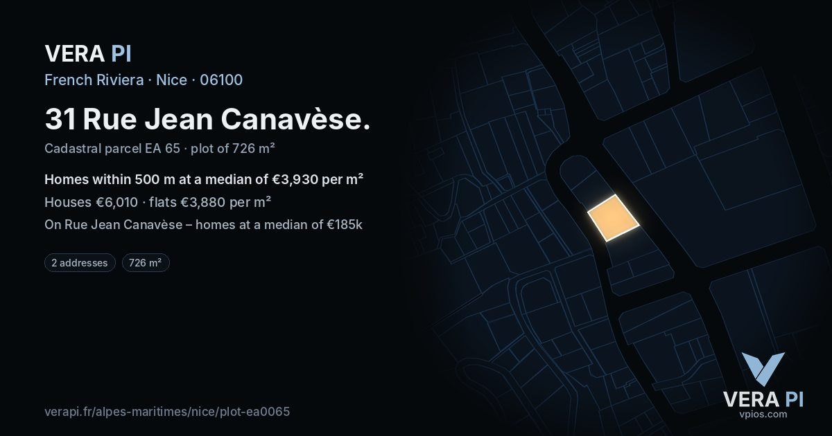 31 Rue Jean Canavèse, Nice at night – the plot lit, the parcels around coloured by the prices near them