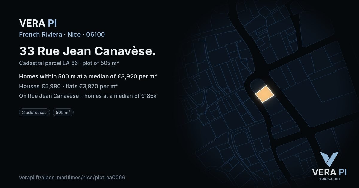 33 Rue Jean Canavèse, Nice at night – the plot lit, the parcels around coloured by the prices near them