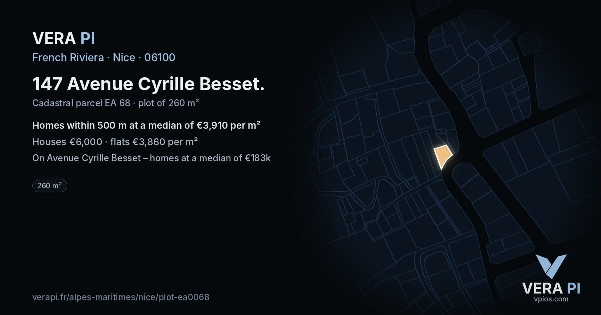 147 Avenue Cyrille Besset, Nice at night – the plot lit, the parcels around coloured by the prices near them