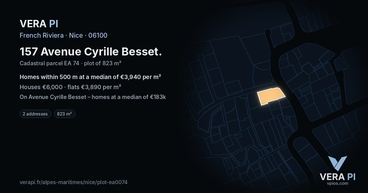 157 Avenue Cyrille Besset, Nice at night – the plot lit, the parcels around coloured by the prices near them