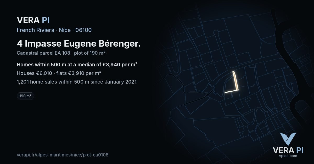 4 Impasse Eugene Bérenger, Nice at night – the plot lit, the parcels around coloured by the prices near them