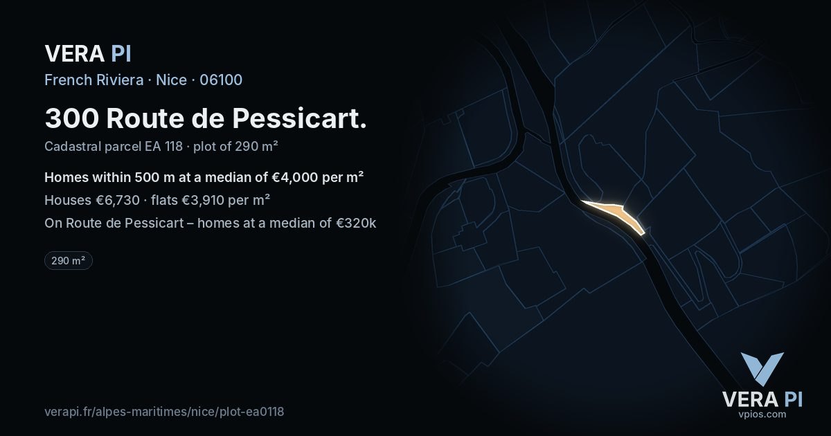 300 Route de Pessicart, Nice at night – the plot lit, the parcels around coloured by the prices near them