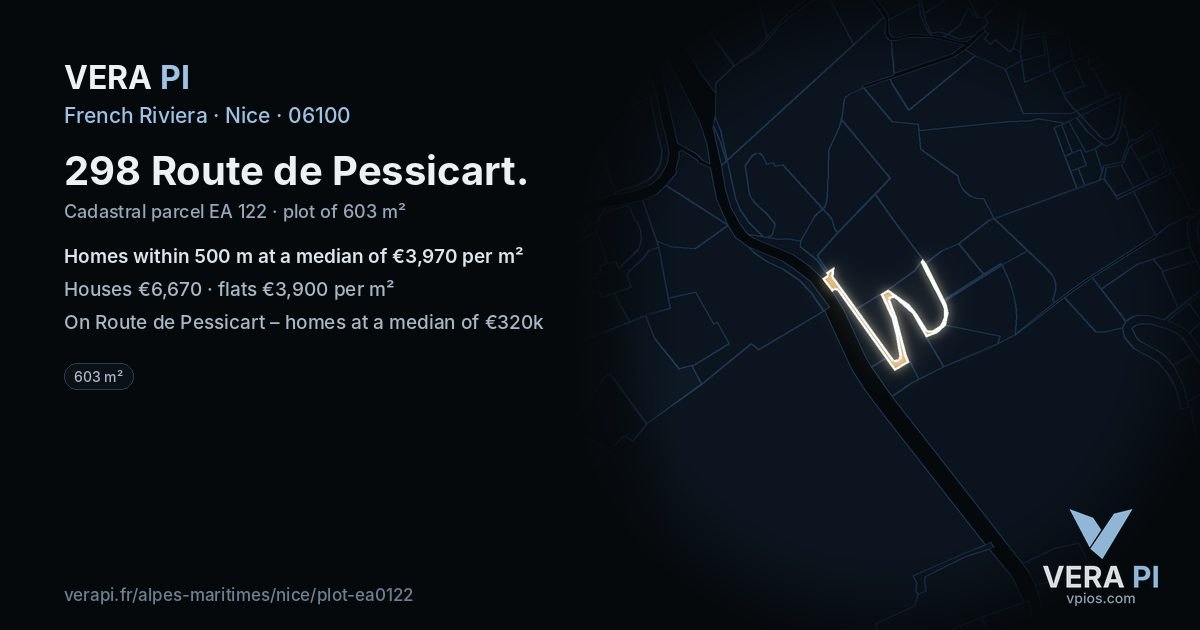 298 Route de Pessicart, Nice at night – the plot lit, the parcels around coloured by the prices near them