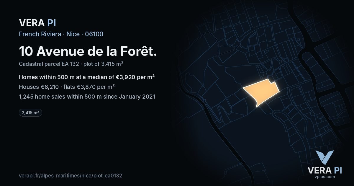 10 Avenue de la Forêt, Nice at night – the plot lit, the parcels around coloured by the prices near them