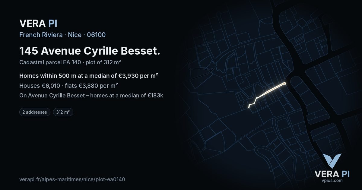 145 Avenue Cyrille Besset, Nice at night – the plot lit, the parcels around coloured by the prices near them
