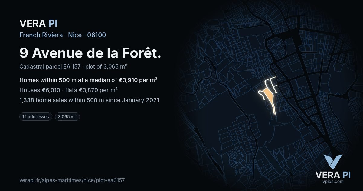 9 Avenue de la Forêt, Nice at night – the plot lit, the parcels around coloured by the prices near them